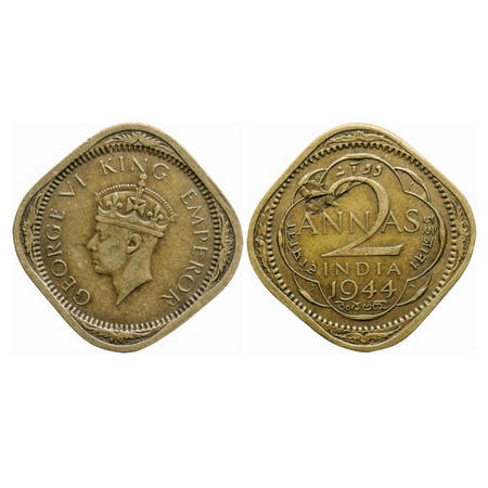 George VI, Brass-Nickel, 2 Annas, 1944, Lahore Mint, Head Type II, No dots by year, Planch