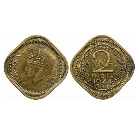 George VI, Brass-Nickel, 2 Annas, 1944, Lahore Mint, Head Type II, No dots by year, 'L' ra