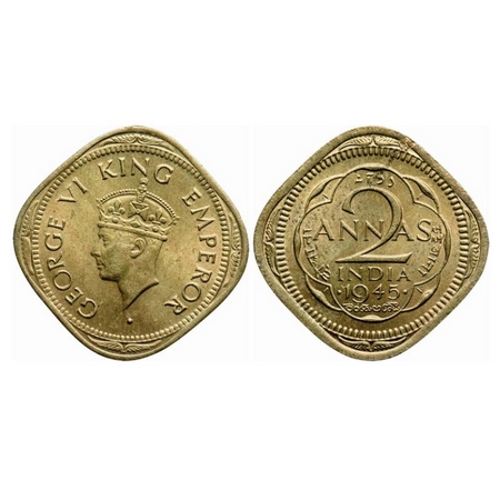 George VI, Brass-Nickel, 2 Anna, 1945, Bombay Mint, head Type II, Dots by year, Planchet f