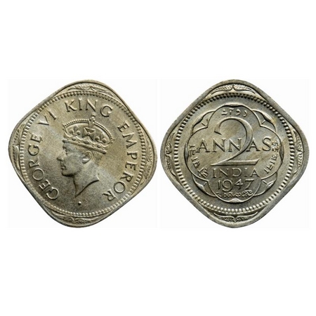 George VI, Copper-Nickel, 2 Annas, 1947, Calcutta Mint, Head Type II, No dots by year. GK 