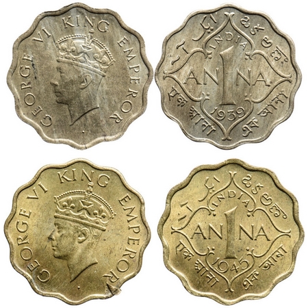 George VI, Mix Metal, 1 Anna (2 coins), 1939, Copper-Nickel, Calcutta Mint, Head Type I, N
