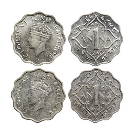 George VI, Copper-Nickel, 1 Anna (2 coins), 1940, Bombay Mint, Head Type II, Dot. 1940, Ca