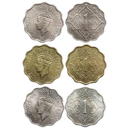 George VI, Copper-Nickel, 1 Anna (3 coins), 1941, 1945, 1946, Calcutta Mint, Head Type II,