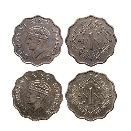 George VI, Copper-Nickel, 1 Annas (2 Coins), 1947, Bombay/Calcutta Mint, Mule. GK 1402, Un