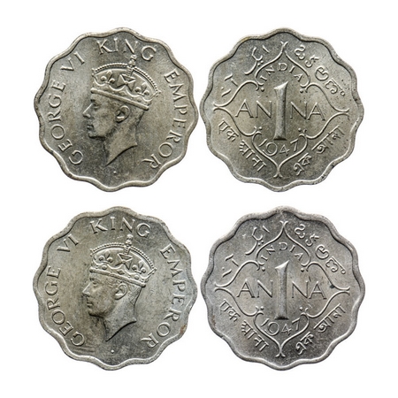 George VI, Copper-Nickel, 1 Anna (2 coins), 1947, Bombay Mint, Head Type II, 1) Tip of the