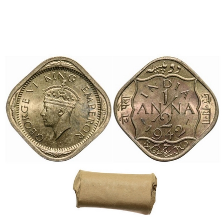 George VI, Brass-Nickel, 1/2 Anna (Roll of 24 coins), 1942, Bombay Mint, Pristine Conditio