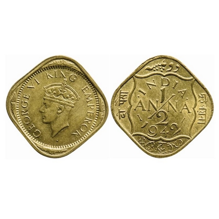 George VI, Brass-Nickel, 1/2 Anna, 1942, Bombay Mint, Dots by India, Dashes by year, Tiny 