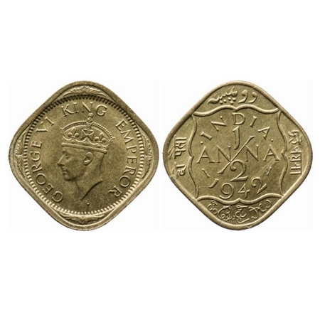 George VI, Brass-Nickel, 1/2 Anna, 1942, Calcutta Mint, Dots by India, Dashes by year. GK