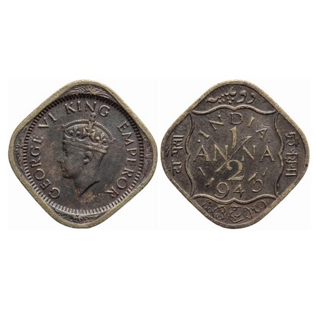 George VI, Brass-Nickel, 1/2 Anna, 1943, Calcutta Mint, Dots by India, Dashes by year, Inc