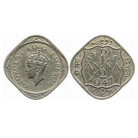 George VI, Copper-Nickel, 1/2 Anna, 1947, Bombay Mint, Dots by India, dash-dot-dash. GK 14