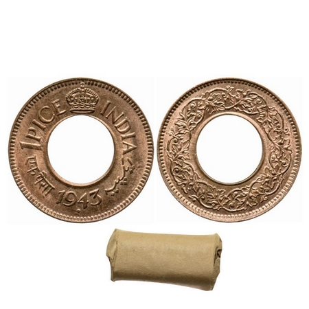 George VI, Bronze, 1 Pice (Roll of 24 coins), 1943, Bombay Mint, Round crown, Diamond, Yea