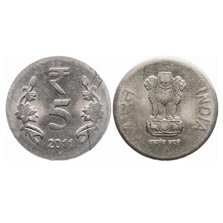 5 Rupees, 2011, 3.79gm, FSS, Bombay Mint, Error, OMS Struck on 1 Rupee flan. About Extreme
