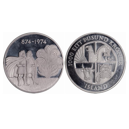 Iceland, Silver Proof, 1000 Kronur, 30.41gm, 1974, 1100th Anniversary - 1st Settelment Obv