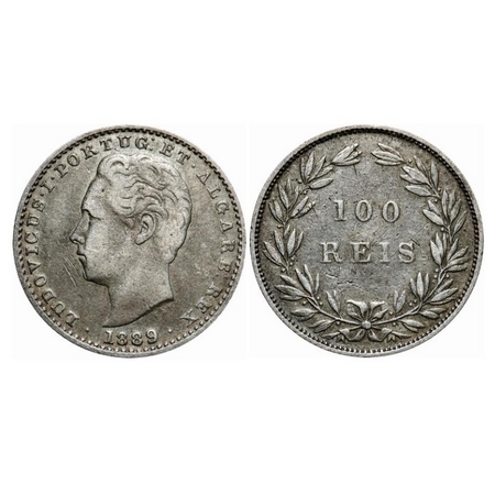 Portugal, Silver 100 Reis, 2.45gm (0.917 silver), 1889, Obv: Portrait of King, head left a