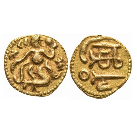 Sri Lanka, Gold 1/8 Kahavanu, Chola Empire, Raja Raja I. (985-1014 AD). Obv: King standing