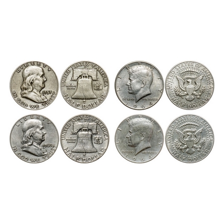 USA, Silver Half Dollar (4 Coins), Franklin type 1957, 1963, Kennedy type 1964 (2). KM 199