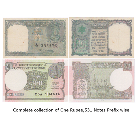 Republic of India, 1 Rupee Issues prefix wise complete collection (531 pcs), 1949 to 2016.