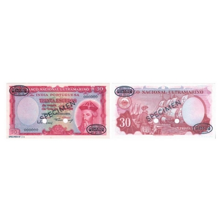 Portuguese India, 30 Escudos Specimen, Banko Nacional Ultramarino, 7th issue 1959, Trinta 