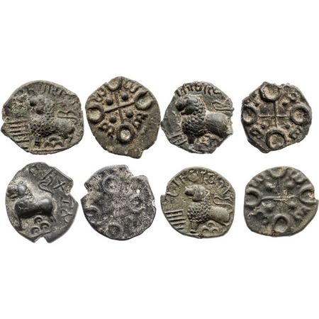 Satavahanas, Siri Satakarni, Junnar Area, Potin Unit (4 coins), Obv: Lion facing to left w