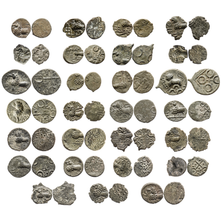 Satavahanas, Siri Satakarni, Potin Unit (27 coins), Junnar Lion & Lioness type, Obv: Lion/