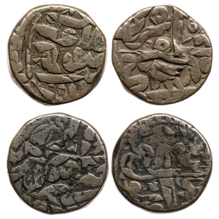 Akbar, Copper Dams (2), 20.43, 20.29gm, Urdu Zafar Qarin Mint Dam over-struck on Islam Sha