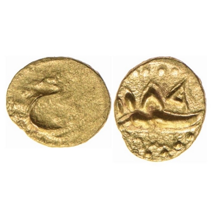 Mysore, Gold Half Fanam, 0.17gm, Haider Ali, AH 1187. Obv: 'He', Rev: 1189. Herrli 10.01.0