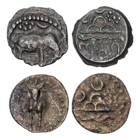 Western Kshatrapas, Damsen, Lead Unit (2 coins), 1.53gm & 1.32gm. 1) Obv: Elephant walking
