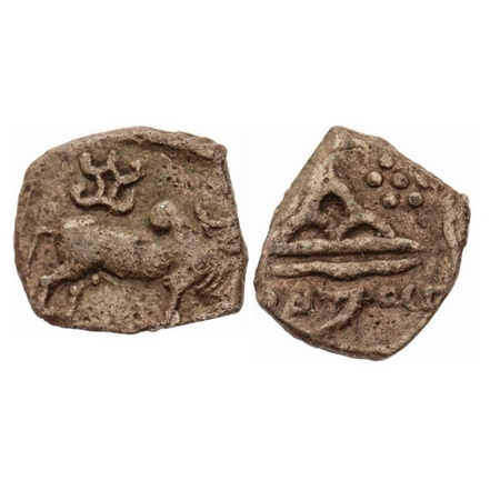 Western Kshatrapas, Rudrasimha III, lead unit, 3.73gm, Obv. Humped bullstanding facing to 