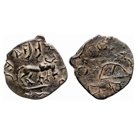 Kadambas of Banavasi, Potin Unit, 1.60g, Obv: Bull standing to right crude Brahmi legend o