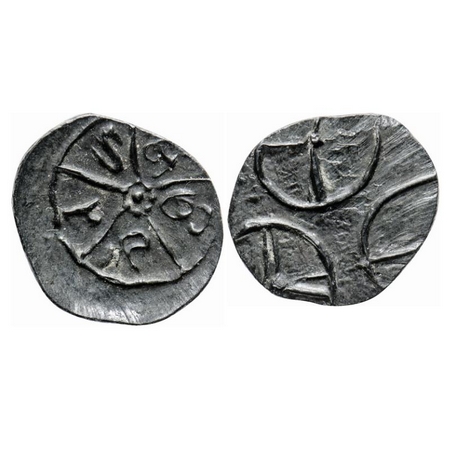 Kadambas of Banavasi, Krishnavarma I, Potin Unit, 0.35gm, Obv: Wheel with five spokes, Bra