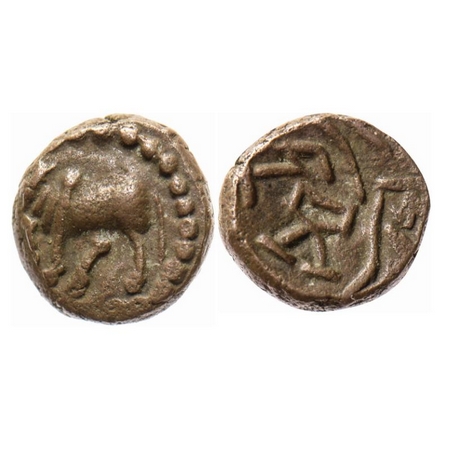 Nagas of Padmavati (Gwalior Region), Copper, 0.93gm, Obv: Standing bull to left within ful