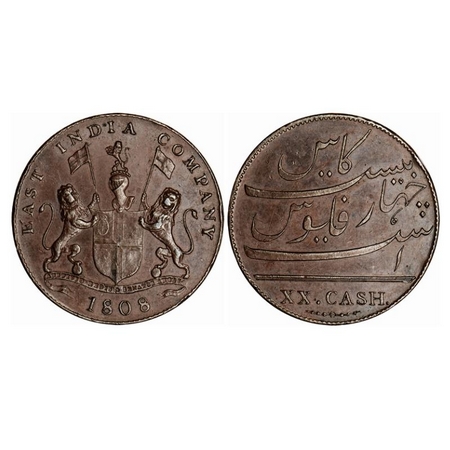 Madras Presidency, Copper 20 Cash, 14.10gm, Extra heavy issue (normal heavy issue is 12.95