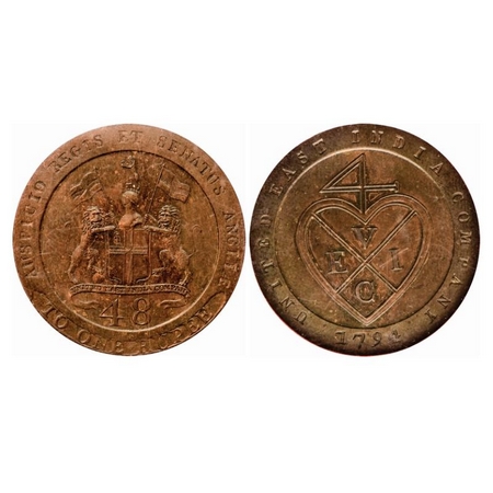 Madras Presidency, Copper Dub/ 1/48 of Rupee, (1794 -1797 AD Issue). 1794 AD. Obv: Arms, s