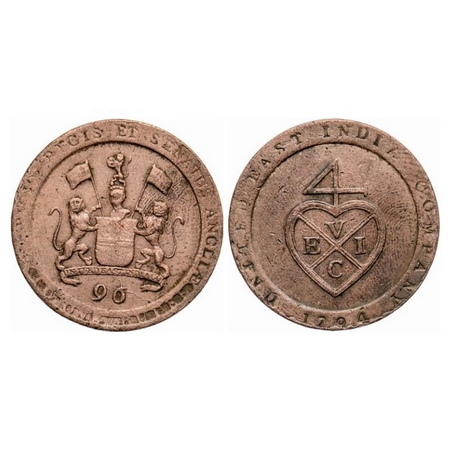 Madras Presidency, Copper 1/2 Dub / 1/96 of Rupee, (1794 -1797 AD Issue). 1794 AD. Obv: Ar