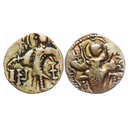 Kidarite Huns, Kidara (365-390 AD), Base Gold Dinar, 7.76gm, Obv: King standing facing, he