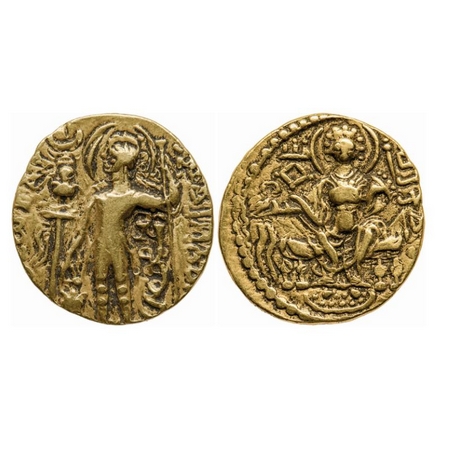 Guptas, Samudragupta, Gold Dinar, 7.44gm, Standard Type, Obv: King nimbate standing left, 