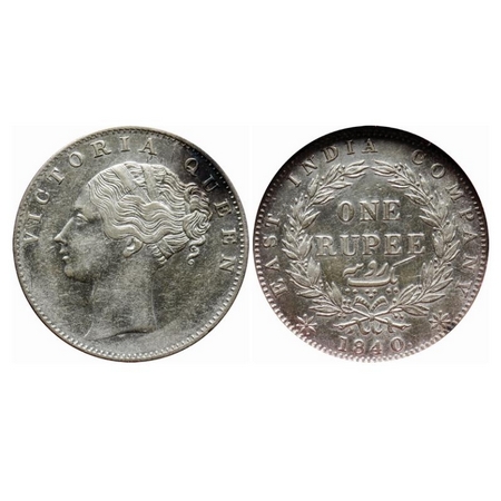 Victoria Queen, Silver, Rupee, 1840, Continuous Legend, Calcutta Mint, Indian Head, 35 Ber
