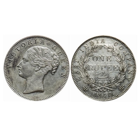 Victoria Queen, Silver, Rupee, 1840, Continuous Legend, Bombay Mint, A/I. GK 113. Extremel
