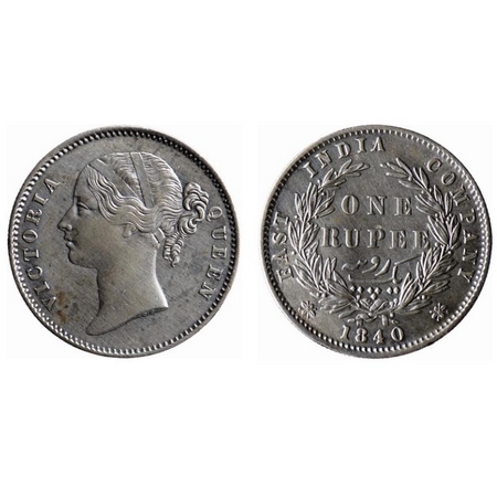 Victoria Queen, Silver, Rupee, 1840, Calcutta Mint, Divided Legend, W.W raised, 28 Berries