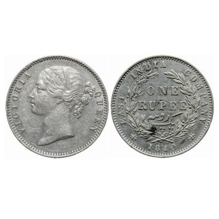 Victoria Queen, Silver, Rupee, 1840, Divided legend, Bombay Mint, W.W. raised, 29 Berries 