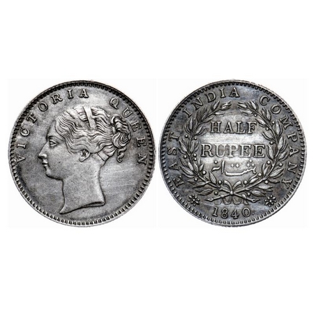 Victoria Queen, Silver, Half Rupee, 1840, Continuous Legend, Calcutta Mint, A/I, 19 Berrie