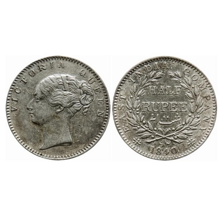Victoria Queen, Silver, Half Rupee, 1840, Continuous Legend, Bombay Mint, A/I. GK 123. Abo