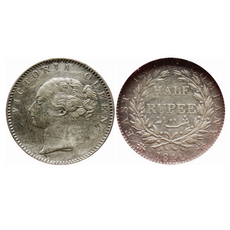 Victoria Queen, Silver, Half Rupee, 1840, Continuous Legend, Bombay Mint, A/I, English Hea