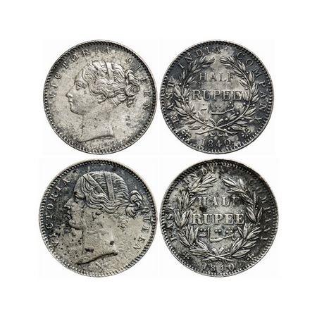 Victoria Queen, Silver, Half Rupee (2 coins), 1840, Continuous Legend, Bombay Mint, A/I. 1