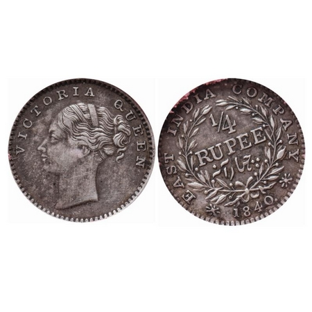 Victoria Queen, Silver, 1/4 Rupee, 1840, Continuous Legend, Madras Mint, 'S' incused, No c