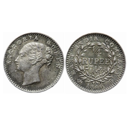 Victoria Queen, Silver, 1/4 Rupee, 1840, Continuous Legend, Calcutta Mint, A/I. GK 124. Ex