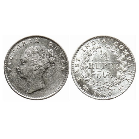 Victoria Queen, Silver, 1/4 Rupee, 1840, Continuous Legend, Calcutta Mint, C/II, 34 Berrie