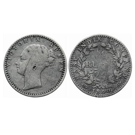 Victoria Queen, Silver, 1/4 Rupee, 1840, Continuous Legend, Calcutta Mint, C/II, 34 Berrie