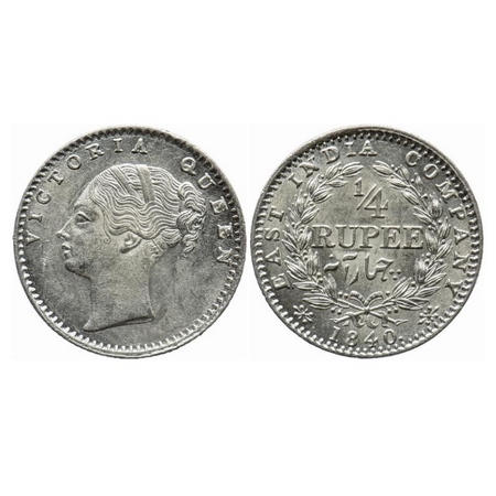 Victoria Queen, Silver, 1/4 Rupee, 1840, Continuous Legend, Calcutta Mint, C/II. GK 126. U