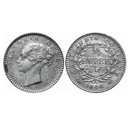 Victoria Queen, Silver, 1/4 Rupee, 1840, Continuous Legend, Madras Mint, A(a)/I, w/o curl 